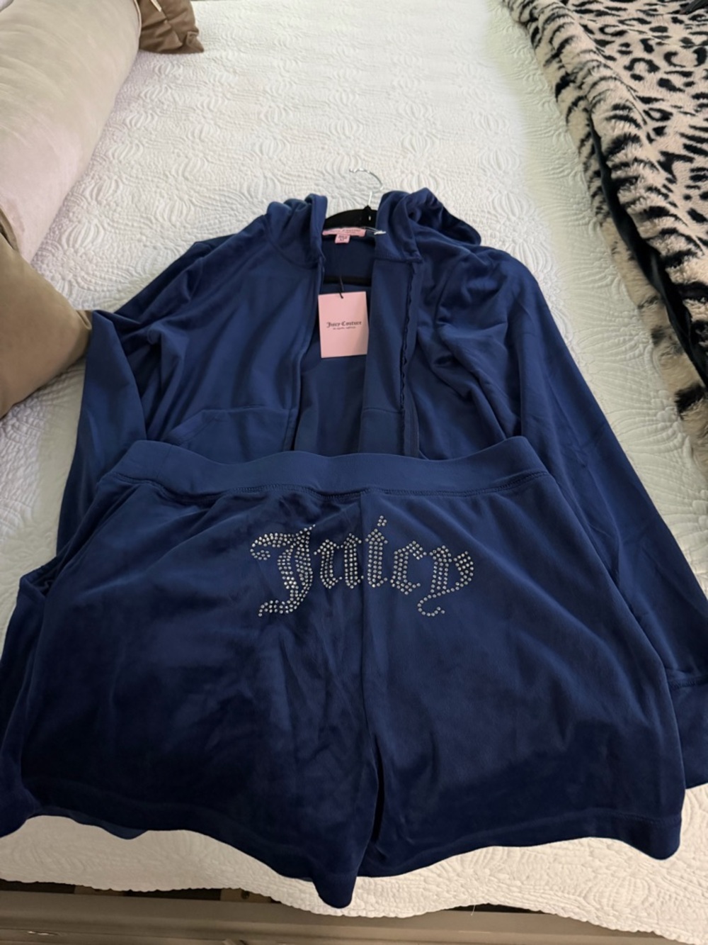 Juicy Couture Navy Blue Velour Hoodie & Rhinestone Logo Shorts Set